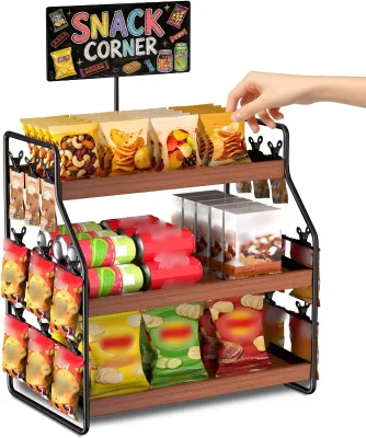 3-Tier Wood Snack Organizer with Clips Snack Storage Rack and Blackboard for Breakroom Snack Bar Retail Market Concession