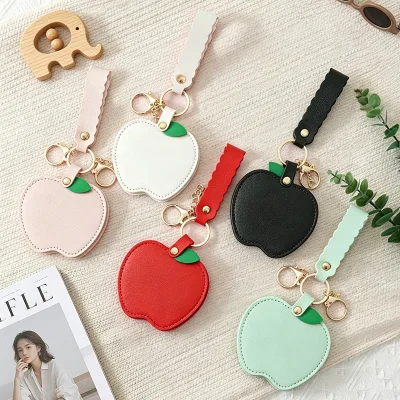 Portable Apple Shape PU Leather Keychain Ornament Gift Makeup Mirrors Keychain Touch-Up Sliding Cover Beauty Multifunctional