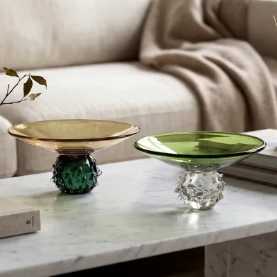 Vintage Hand-Blown Two-Tone Art Glass Fruit Bowl Amber Rim Green Bumpy Texture Base Sculptural Centerpiece for Hotel Decor