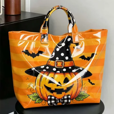 Halloween Party Pumpkin Design PVC Waterproof Shopping Tote Bags with Polyester Lining Large Capacity Handbag Totes