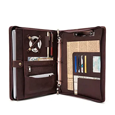 Gangtong Handmade Genuine Leather Portfolio Zippered Padfolio 3 Ring Binder Customized Printing Business Organizer for Men Women