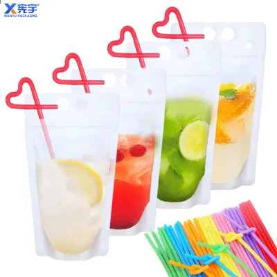 Wholesale Plastic clear Drinking Bag Resealable Food Grade Packaging Ziplock Bag With Straw for Beer Drink Juice Milk Tea