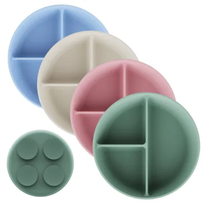 Wholesale Cute Round Baby Dining Set Custom Color Strong Suction Silicone Tableware Divided Plate & Utensils