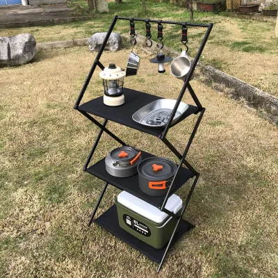 Jukaiwtec PJ64 Aluminum Alloy & Oxford Cloth Camping Folding 3-Tier Storage Rack-Multifunctional Desktop Organizer <1L Capacity