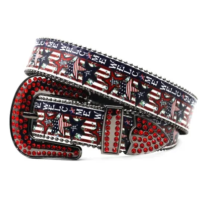 Western Print Fashion Casual Wide Men Women Designer Ethnic Rhinestone PU Leather Belt 3.8cm Width