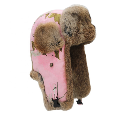 Lady's Pink Genuine Fur Trapper Hat Fashion Russian Fur Winter Earflap Hat with Canvas Shell Cover Plush Unisex Common Outdoor