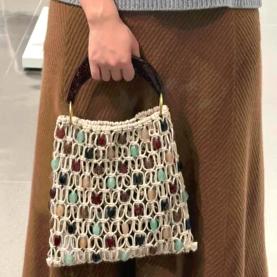 Influencer Same Style Woven Handbag with Beaded Hollow Out Decor, 2026 New Women's Trendy Vacation Handbag