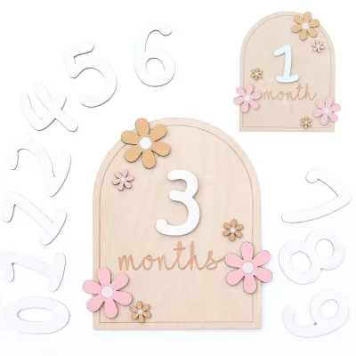 Modern Baby Birthday Birth Month Wooden Photo Prop Small Daisy Commemorative Milestone Card