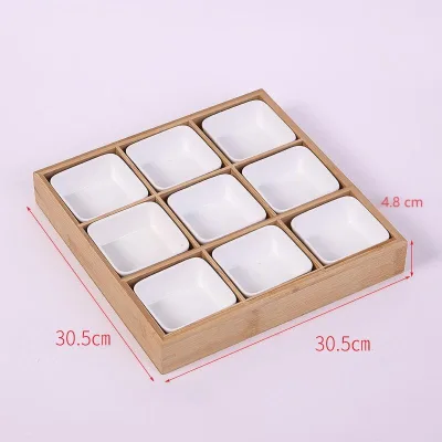 Nine-compartment Bamboo Dining Tray and Ceramic Bowl Set for Vegetables Salad and Snacks for Tea Rooms
