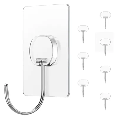 Transparent Wall Hook with Stainless Steel Hook for Clothes Storage Removable Adhesive Mounting Rectangle Shape Minimalist