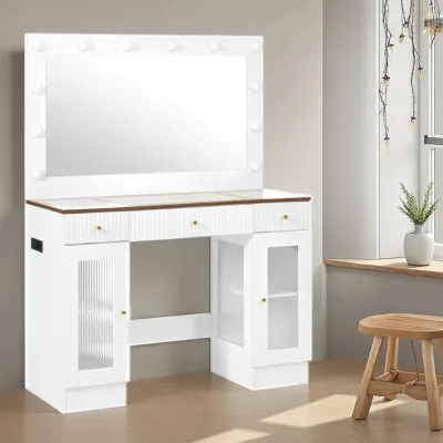Vanity Desk Dressing Table Vintage and Modern Style Dressing Table Dresser with Glass Door and Light Bulbs