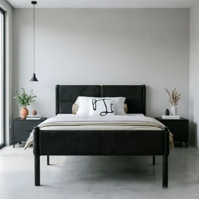 Black Leather Split Panel Upholstered Metal Bed Frame Modern Industrial King Queen Platform Bedroom Bed