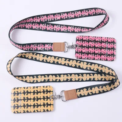 Custom New Style Lanyards with Logo Beautiful Design Leather Label and Card Holder Long Neck Strap Lanyard Made of Polyester