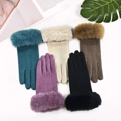 Fashion Women Cold Weather Gloves Faux Fur Trim Cuff Wind Resistant Lined Flexible for Evening Party Daily Wear