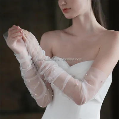 Elegant Long Tulle Sheer Beaded 100% Polyester White Black Sleevelet Pearl Fingerless Bridal Gloves for Formal Occasions Evening
