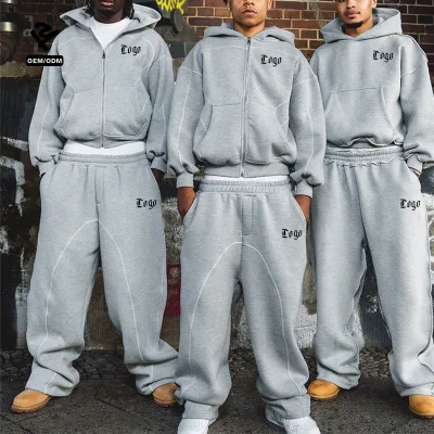 Custom Oversized Casual Tracksuit Manufacturer Zipper Plain Hoodie Drawstring Joggers Loose Heavyweight Streetwear Tracksuit