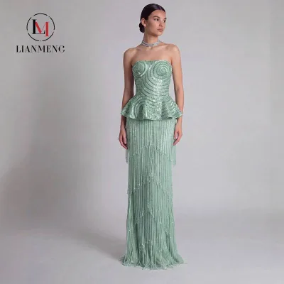 LM D326 Mint Green Strapless Two-Piece Mermaid Gown Natural Waist Swirl Sequin Peplum Top Full Fringe Floor Length Party Evening