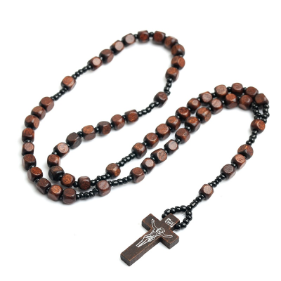 Catholic Rosary Necklace Jesus Cross Pendant Natural Wood Beads Jewelry Religious Easter Christian Prayer Beads Gifts