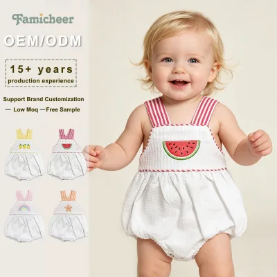 Custom Logo Pattern Embroidered Baby Girl Bubble Romper Check Suspender Sleeveless Infant Onesie Soft Cotton Custom Newborn