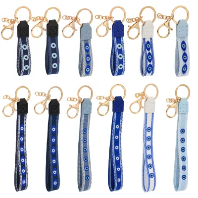 New Devil's Eye Lucky Blue Eyes Hand Embroidered Blue Keychain Fabric Metal Woven Keyring Long Wristlet Bracelet Hanging Holder