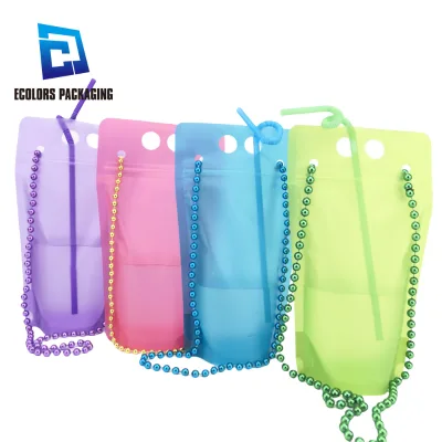500ml Plastic High Quality Matte Liquid Juice Custom Disposable Label logo Bag Straw Drink Pouch with Colorful Bead Lanyard