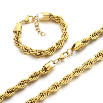 Cross-border European-style Men's 10mm Stainless Steel Twisted Chain Gold-plated Fashionable Trend Bracelet Set