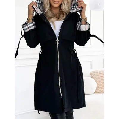 2026 Autumn-Winter New Euro-US Hooded Windbreaker Women's Plaid Print Casual Long-Sleeve Outerwear