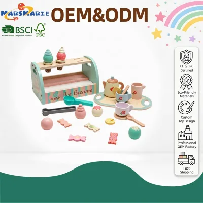 New Wooden Play Food 2-in-1 Pretend Play Toy Ice Cream Shop & Flower Afternoon Tea Set with Rich Accessories for Kids' Role Play