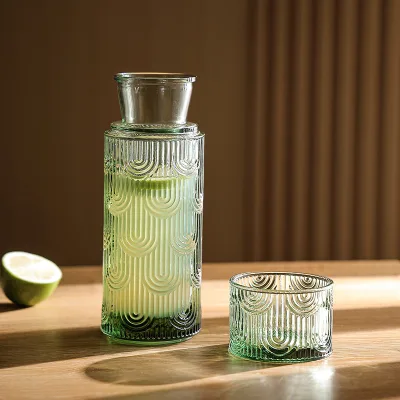 Wholesale 640ml Vintage Green Glass Pitcher with Lid Embossed Jug for Water Drinking or Home Use