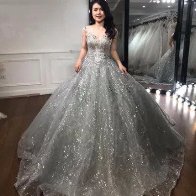 Custom Made Ladies Bridal Ball Gown Elegant Wedding Dress Silver