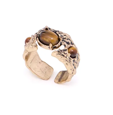 Retro Yardang Style Tiger's Eye Stone Ring for Women Adjustable Unique Fashion Finger Ring