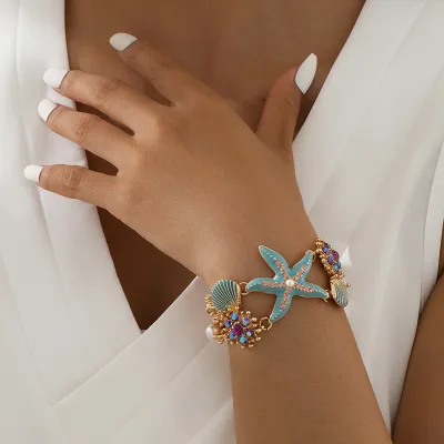 Exquisite Starfish Themed Bracelets with Shell, Pearl, and Gemstone Embellishments for Beach and Trendy Styles FLABG13