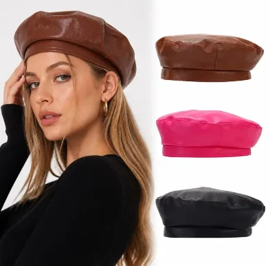 Factory Wholesale Faux PU Leather Solid Color Oversized Cabbie Beret Hats for Women Unisex Winter Vintage Daily Outdoor