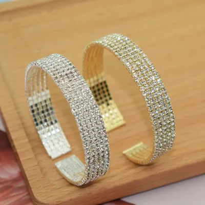 18K Gold Plated Elastic Tennis Open Bracelet 5 Rows Full Bling Zircon Diamond Crystal Stretch Cuff Bangle