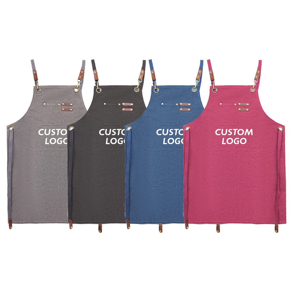 Hot Selling Customized Adult Denim Sleeveless Barista Kitchen Cooking Apron Cross Back Design with Custom Logo