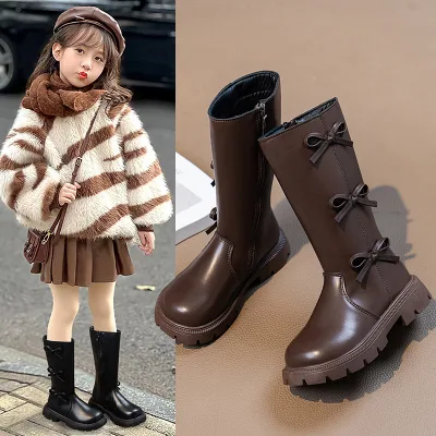 Autumn/Winter Fashion Waterproof Knee-high Girls' Leather Boots with Side Zipper Bows Soft-leatherdrop Shipping Available