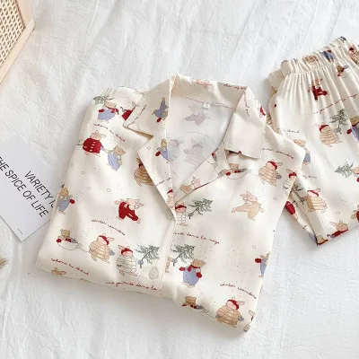 Manufacturer Custom Ladies Cotton Pyjamas for Women Set Soft Loungewear 2 Piece Women's Cartoon Christmas Pajamas Sets