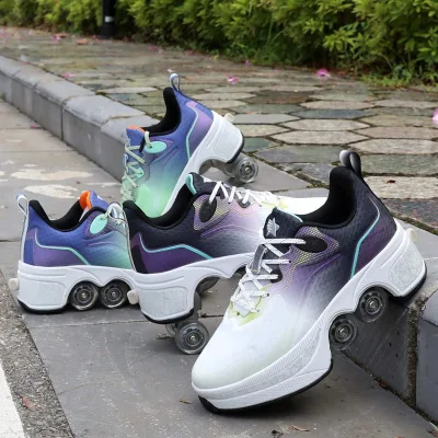 2024 Deformation Walking Rollershoes Outdoor Sports Kick Out Spinning Top Roller Skates Shoes With Retractable 4 Wheels