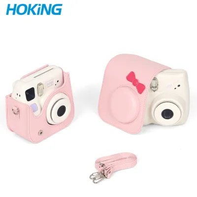 Mini SE 7+ Pink Bow Leather Camera Bag with Adjustable Shoulder Strap Protective Instax Bag for Mini 7+ Mini SE