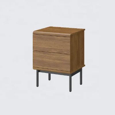 Modern Walnut Grain 2 Drawer Nightstand Handle Less Design Slim Black Metal Leg Wooden Bedside Cabinet for Bedroom