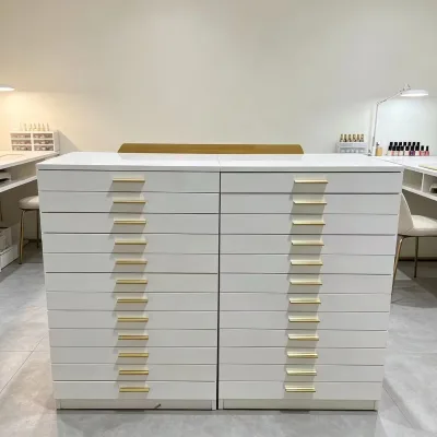 White Eco-Friendly Durable Wood Nail Polish Storage Cabinet Gold Handles Multi-Drawer Salon Makeup Organizer for Beauty Nail