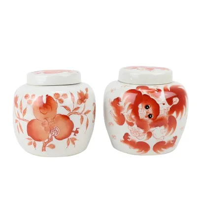 RZIH22-A-B Chinese Foo Dogs Under Glaze Red Pomegranate Pattern Jar Ceramic Ceramic Tea Canister