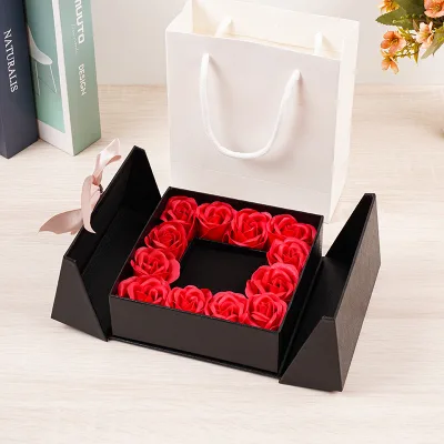 HWASAN 16 Soap Roses Double Door Jewelry Box Magnetic Necklace Gift Box for Valentine's Day Christmas Jewelry Packaging