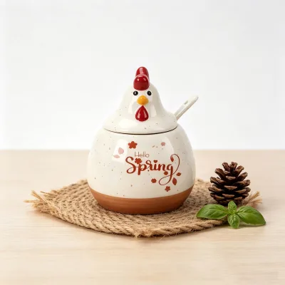Vintage Speckled Ceramic Chicken Sugar Bowl Matching Spoon Spring Floral Slogan Design Small Sealed Condiment Jar Dining Table