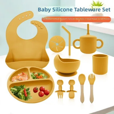 Best-selling Babys Silica Gel Dinnerware Set Plate Bowl Fork Spoon Bib Cup 10-piece Feeding Set