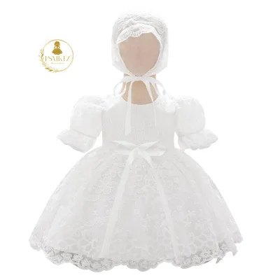 FSMKTZ New White Baptism Dress Full Moon Hundred Day Banquet with Tulle Dress Baby White Mesh Dress