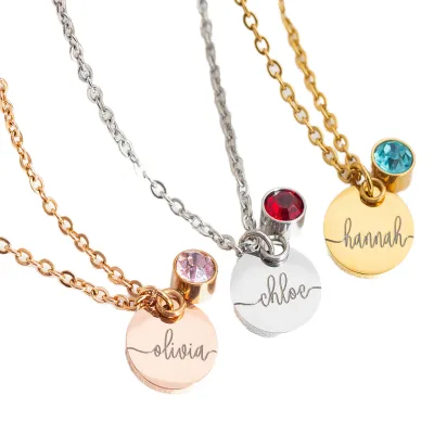 Personalized Engraved Waterproof Hypoallergenic Necklace Custom Name Logo Stainless Steel Birthstone Pendant with Zircon Stone