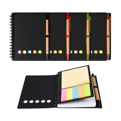 Sticky Notes and Page Marker Colored Index Tabs Lined Spiral Kraft Paper Cover Notepad with Pen in Holder
