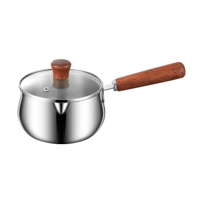Stainless Steel Milk Pot with Wooden Handle Uncoated Baby Food Pot & Heating Lid Oil Splashing Resistance Pot