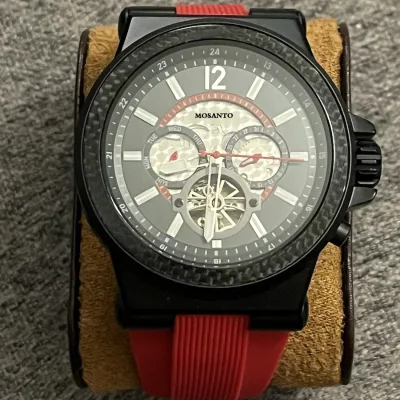 Men's Skeleton Sport Chronograph Watch Matte Black Stainless Steel Bezel Red Rubber Strap Week Display Automatic Wristwatch
